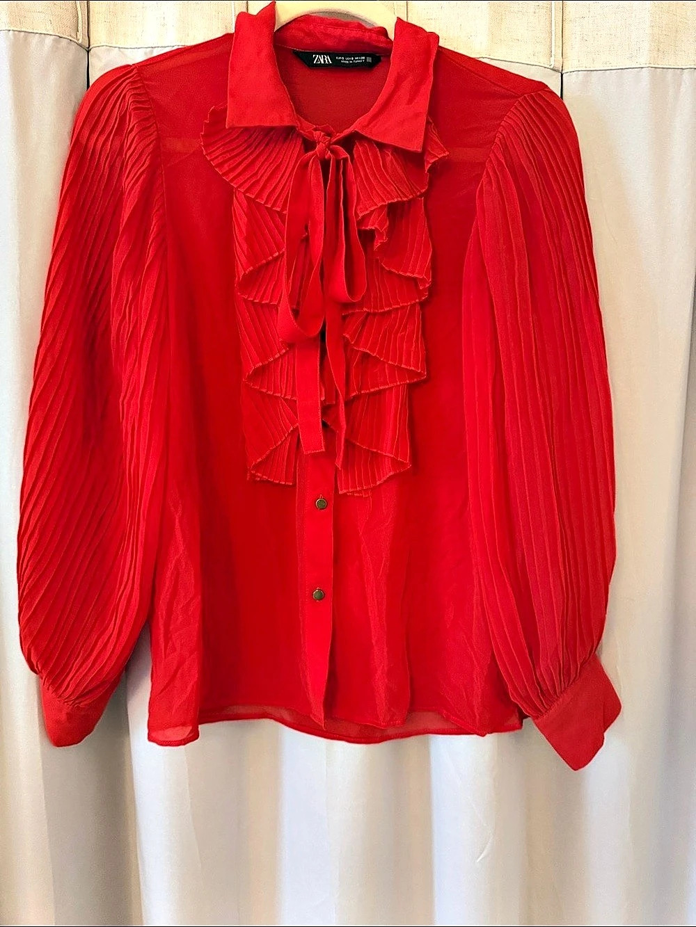 Zara Ruffled Pleated Blouse in Red Size Small
